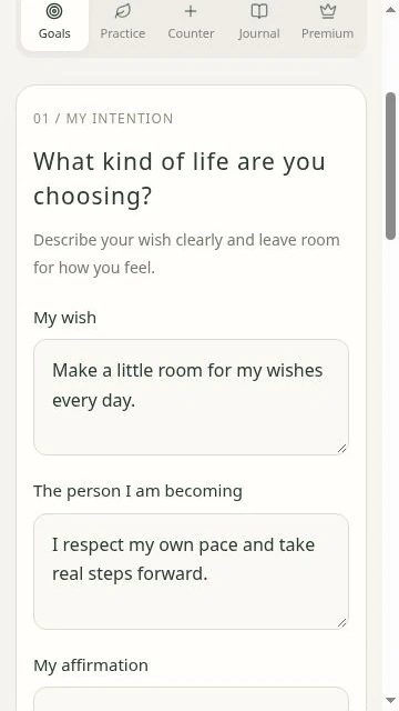 Winter6 Goals screen: My wish, The person I am becoming, My affirmation