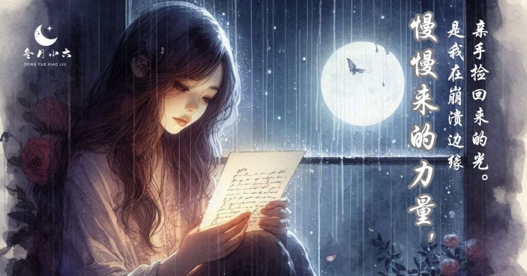 慢慢来的力量，一位女孩坐在窗边，在月光下读着信，沉静疗愈的氛围