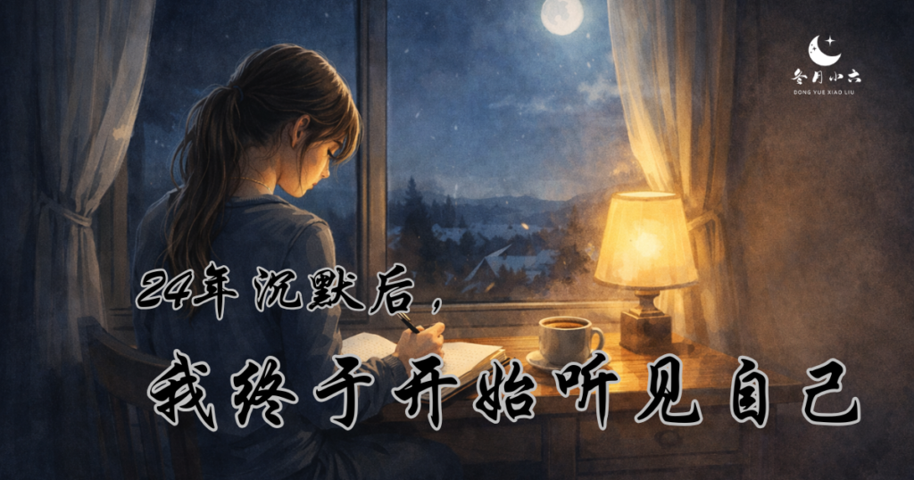 女人在夜晚窗边写字的插画，月光与灯光交织，象征一个女人在沉默多年后终于开始听见自己的声音。