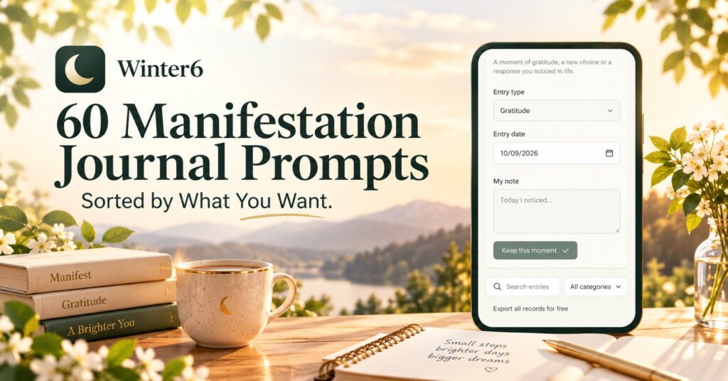 60 manifestation journal prompts sorted by what you want, with the Winter6 journal screen on a phone